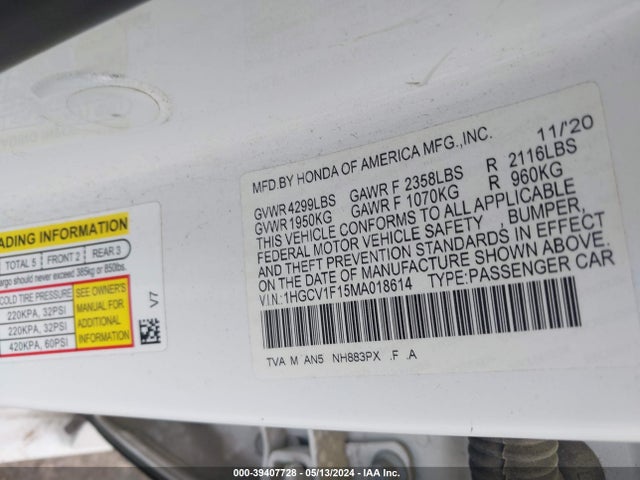 Honda ACCORD LX 2021 1HGCV1F15MA018614 Image 9