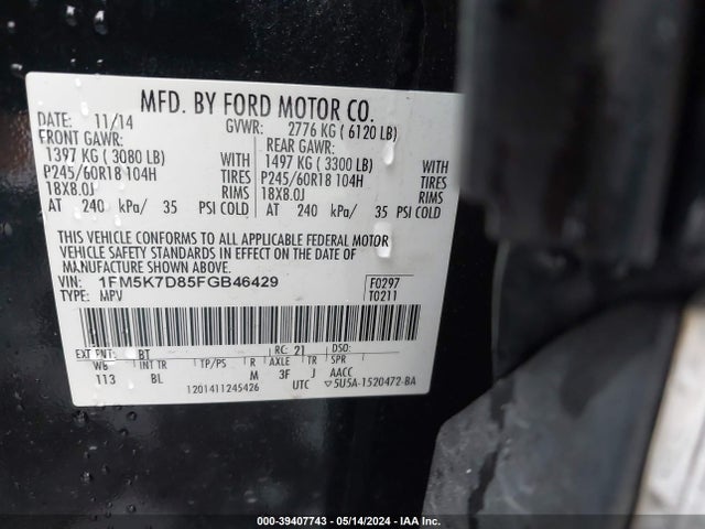 Ford EXPLORER XLT 2015 1FM5K7D85FGB46429 Image 9
