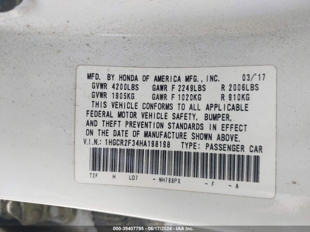 Honda ACCORD LX 2017 1HGCR2F34HA198198 Image 9