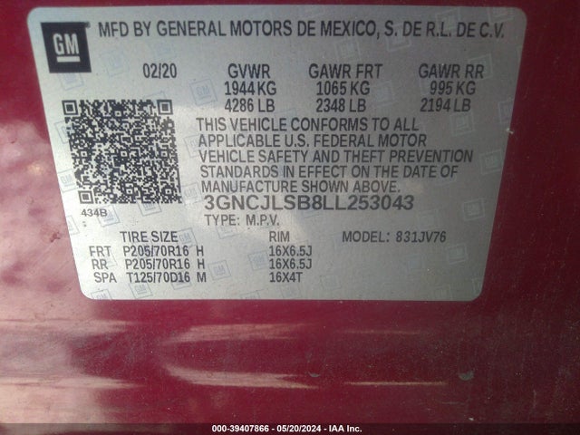 Chevrolet Trax Fwd Lt 2020 3GNCJLSB8LL253043 Image 9
