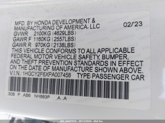 1HGCY2F6XPA007458 Honda Accord Hybrid Ex-l