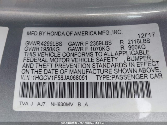 Honda Accord Ex-l 2018 1HGCV1F58JA068051 Image 9