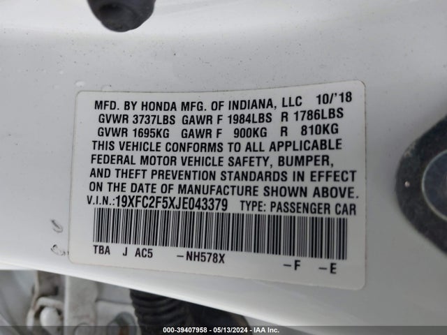 Honda Civic Lx 2018 19XFC2F5XJE043379 Image 9