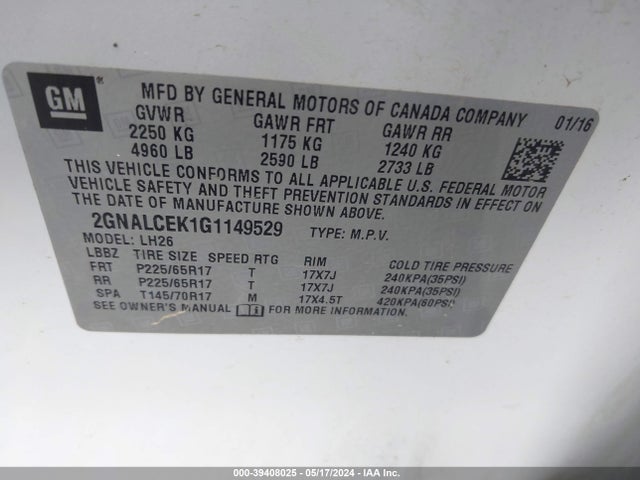 Chevrolet EQUINOX LT 2016 2GNALCEK1G1149529 Image 9