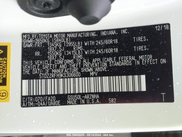 Toyota Highlander Le Plus 2019 5TDZZRFH9KS306600 Image 9