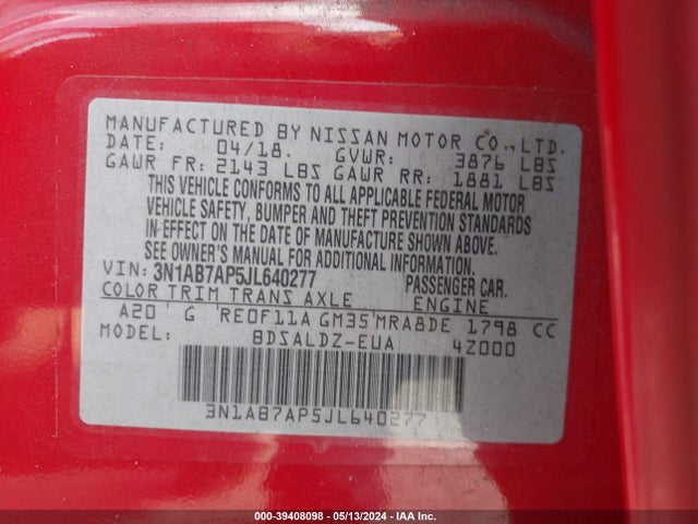 Nissan SENTRA SV 2018 3N1AB7AP5JL640277 Image 9