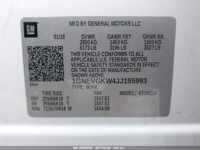 1GNEVGKW4JJ195993 Chevrolet Traverse 1lt