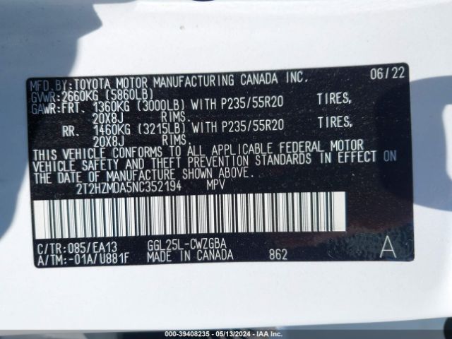 2T2HZMDA5NC352194 Lexus RX 350