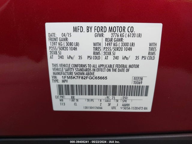 Ford Explorer Limited 2015 1FM5K7F82FGC65665 Image 9