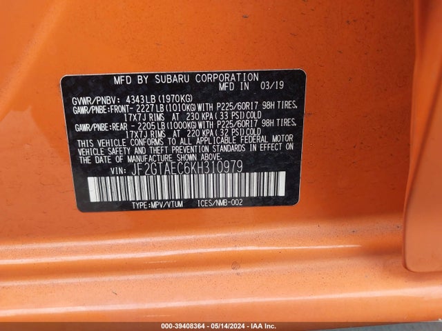 JF2GTAEC6KH310979 Subaru Crosstrek 2.0i Premium