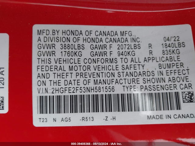 Honda Civic Sport 2022 2HGFE2F53NH581556 Image 9