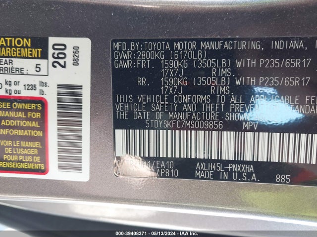 Toyota SIENNA XLE 2021 5TDYSKFC7MS009856 Image 9