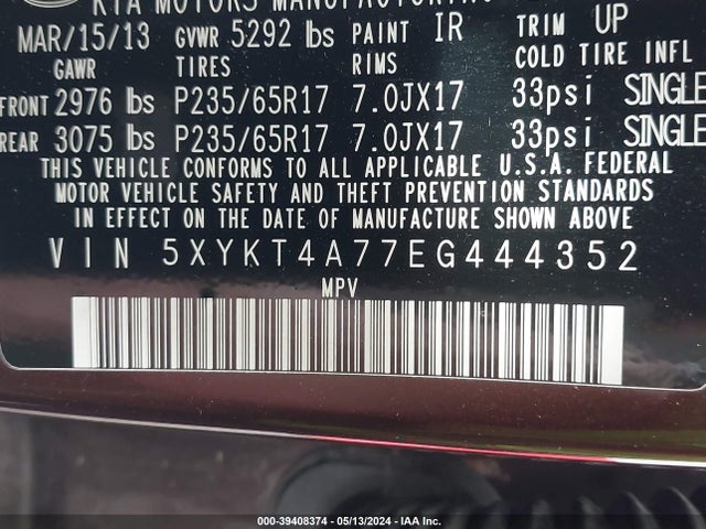 KIA Sorento Lx V6 2014 5XYKT4A77EG444352 Image 9