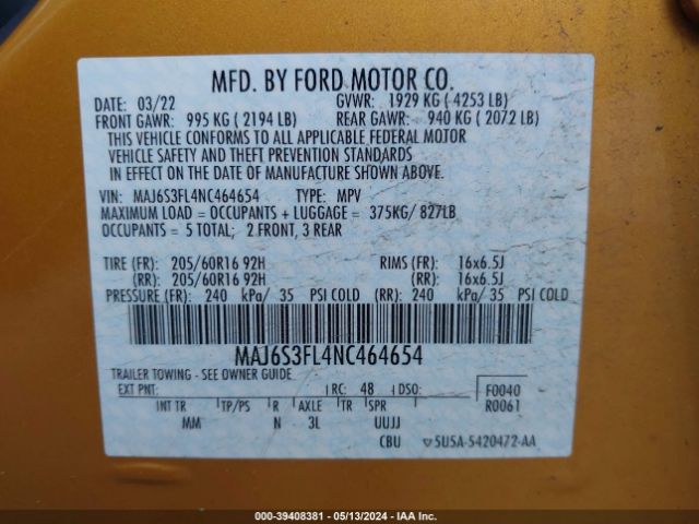 MAJ6S3FL4NC464654 Ford ECOSPORT S
