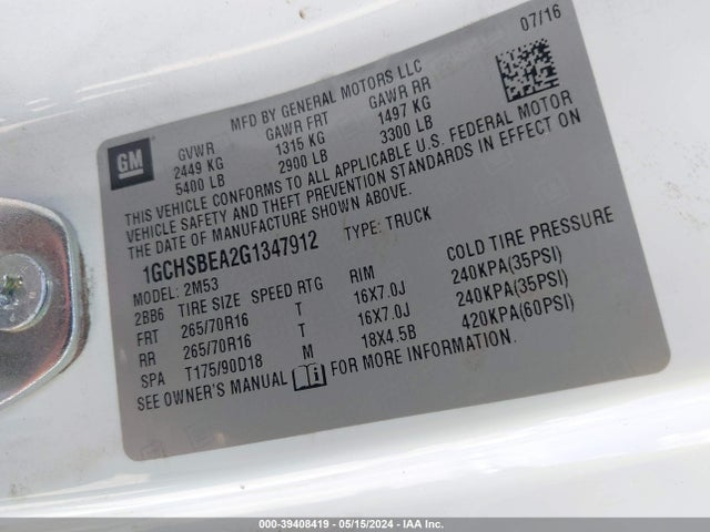 Chevrolet Colorado Wt 2016 1GCHSBEA2G1347912 Image 9