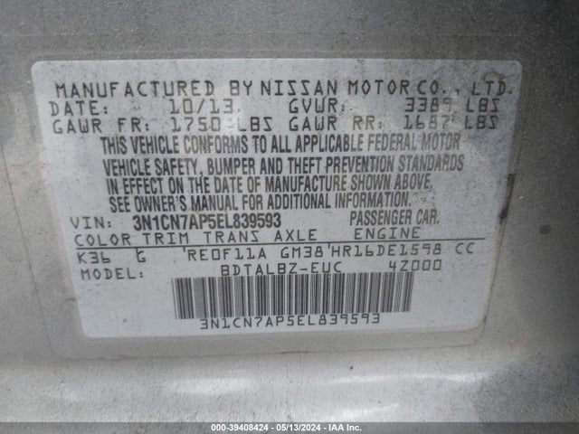 Nissan Versa 1.6 Sv 2014 3N1CN7AP5EL839593 Image 9