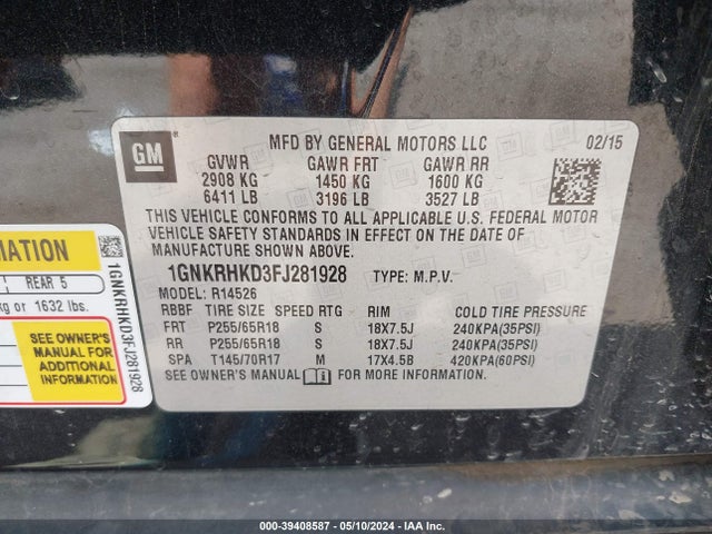 Chevrolet Traverse 2lt 2015 1GNKRHKD3FJ281928 Image 9