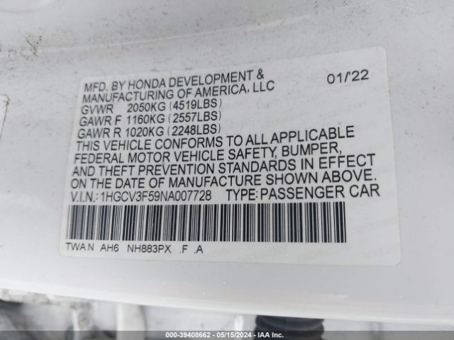 1HGCV3F59NA007728 Honda Accord Hybrid Ex-l