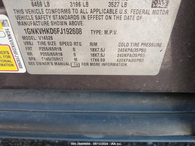 Chevrolet Traverse 2lt 2015 1GNKVHKD6FJ192608 Image 9
