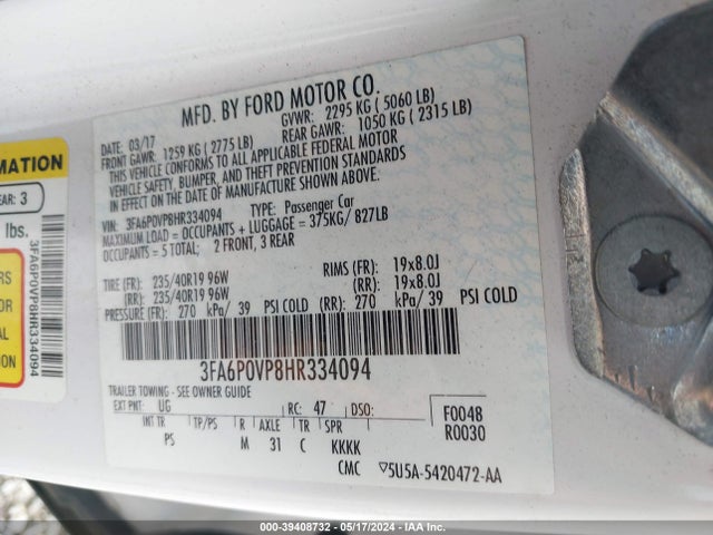 3FA6P0VP8HR334094 Ford Fusion Sport