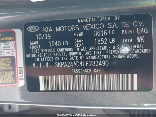 3KPA24AD4LE283490 KIA RIO S