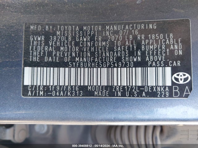 Toyota COROLLA LE 2016 5YFBURHE5GP549730 Image 9