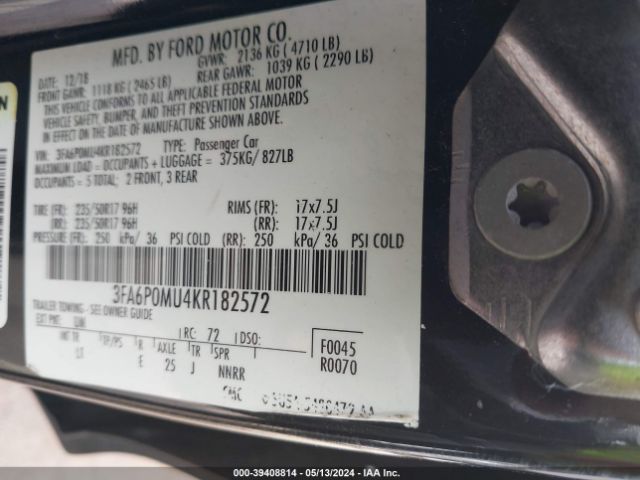 3FA6P0MU4KR182572 Ford Fusion Hybrid Sel