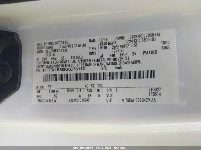 Ford F-150 Xl 2019 1FTFX1E58KKC76112 Image 9