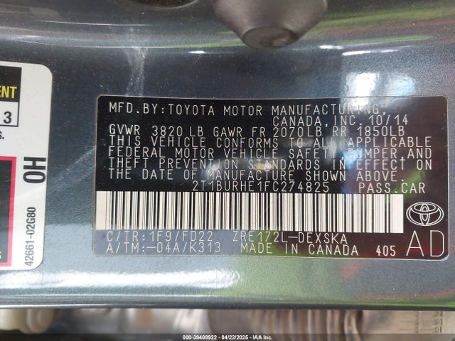 2T1BURHE1FC274825 Toyota Corolla S Plus
