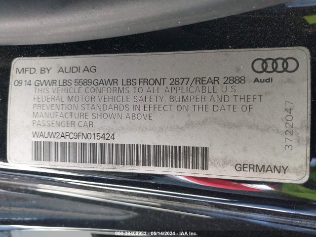 39408983 :رقم المزاد ، WAUW2AFC9FN015424 vin ، 2015 Audi S7 4.0t مزاد بيع