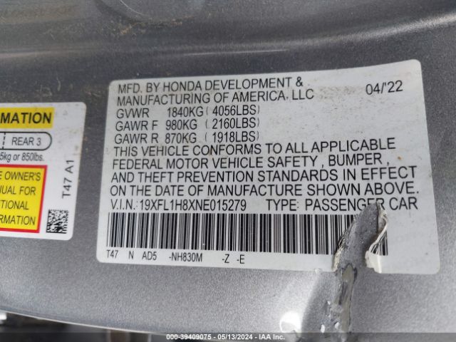 19XFL1H8XNE015279 Honda Civic Sport Touring