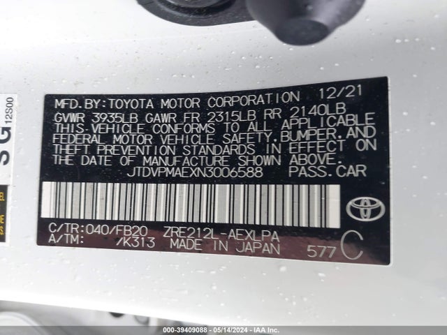 Toyota COROLLA LE 2022 JTDVPMAEXN3006588 Image 9