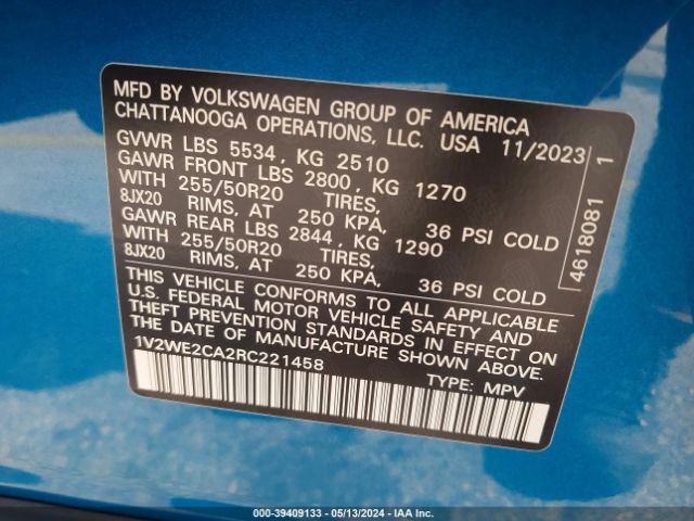 1V2WE2CA2RC221458 Volkswagen Atlas Cross Sport 2.0t Se W/technology