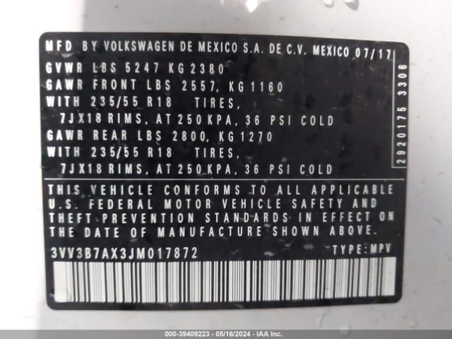 3VV3B7AX3JM017872 Volkswagen Tiguan 2.0t Se/2.0t Sel