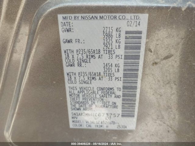5N1AR2MN4EC673757 Nissan Pathfinder Sl