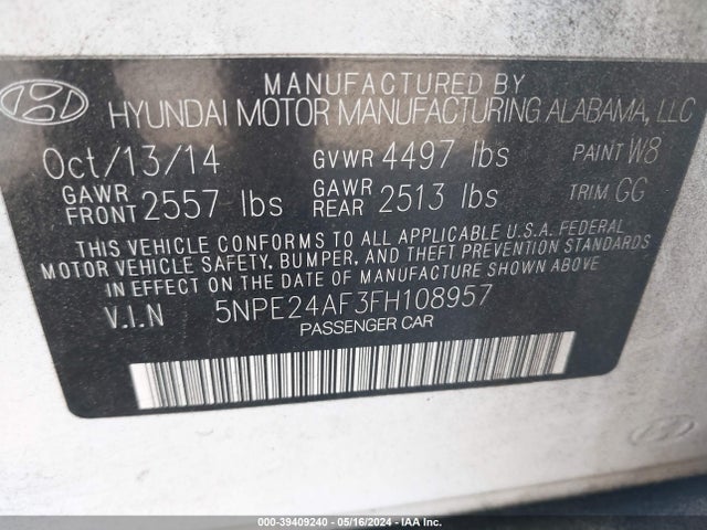 Hyundai SONATA SE 2015 5NPE24AF3FH108957 Image 9