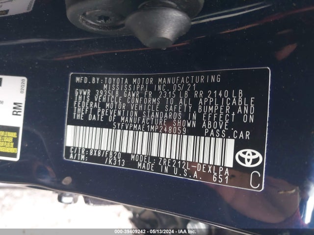 Toyota COROLLA LE 2021 5YFVPMAE1MP248059 Image 9