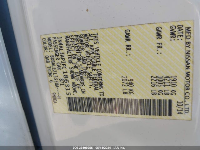 Nissan Altima 2.5 S 2015 1N4AL3AP1FC186315 Image 9