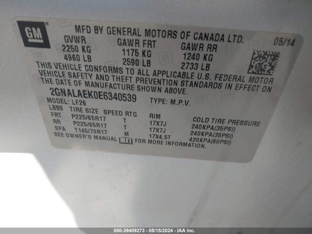 Chevrolet EQUINOX LS 2014 2GNALAEK0E6340539 Image 9
