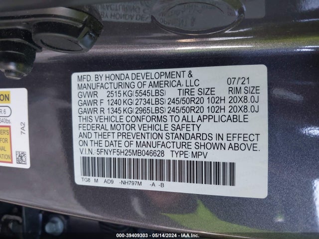 Honda Pilot 2wd Special Edition 2021 5FNYF5H25MB046628 Image 9