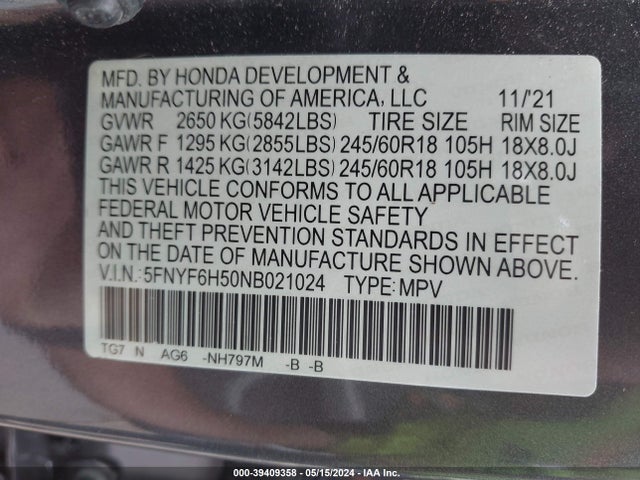 Honda Pilot Awd Ex-l 2022 5FNYF6H50NB021024 Image 9