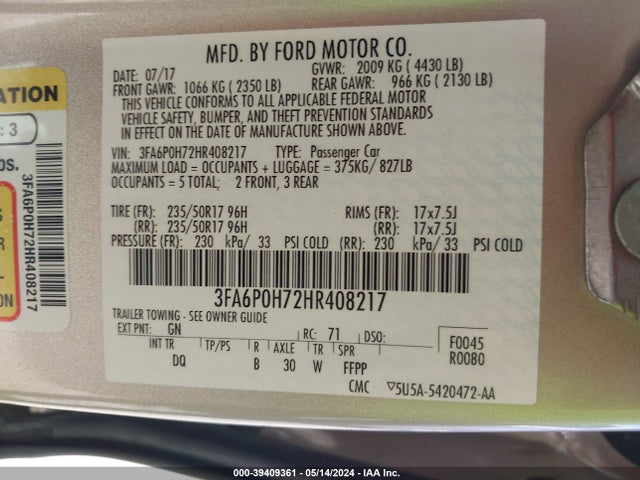 Ford FUSION SE 2017 3FA6P0H72HR408217 Image 9
