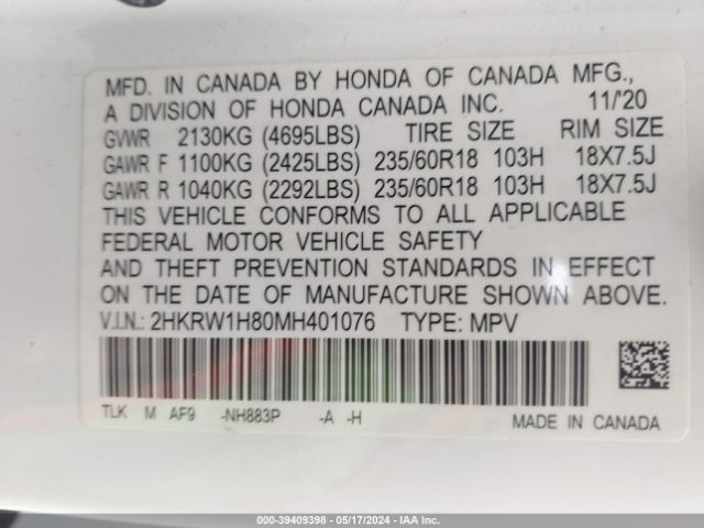 2HKRW1H80MH401076 Honda Cr-v 2wd Ex-l