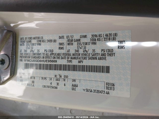 Ford ESCAPE SE 2017 1FMCU0GD8HUE95669 Image 9
