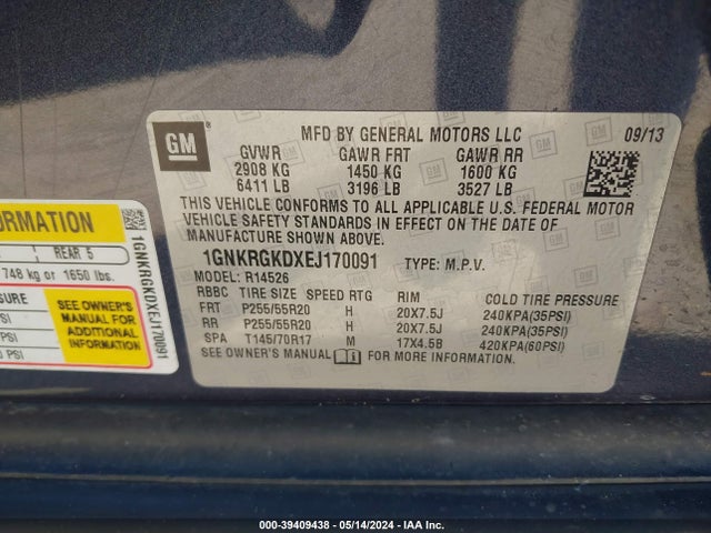 Chevrolet Traverse 1lt 2014 1GNKRGKDXEJ170091 Image 9