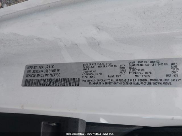 3C6TRVAG3LE145919 RAM Promaster 1500 Low Roof 136 Wb
