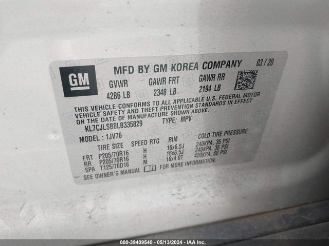 Chevrolet Trax Fwd Lt 2020 KL7CJLSB8LB335829 Image 9