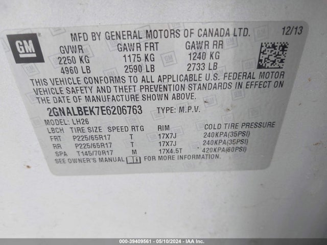 Chevrolet EQUINOX 1LT 2014 2GNALBEK7E6206763 Image 9