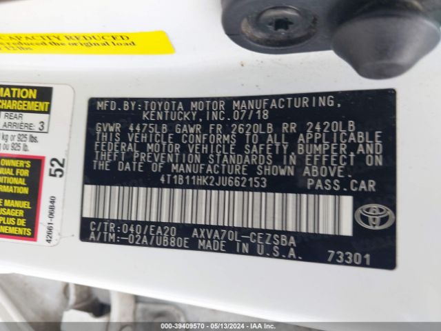 4T1B11HK2JU662153 Toyota CAMRY SE