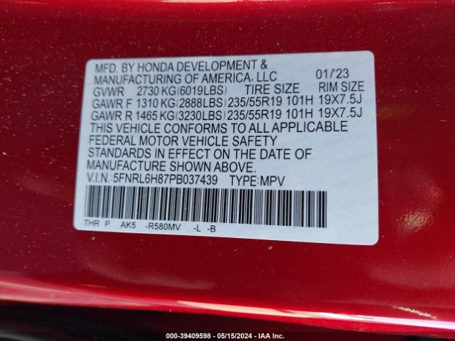 5FNRL6H87PB037439 Honda Odyssey Touring